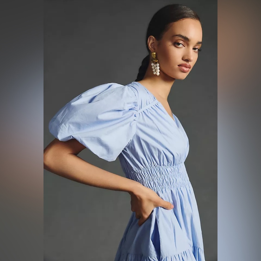 Moon River Blue Puff Sleeve Smocked Waist Mini Dress Size M